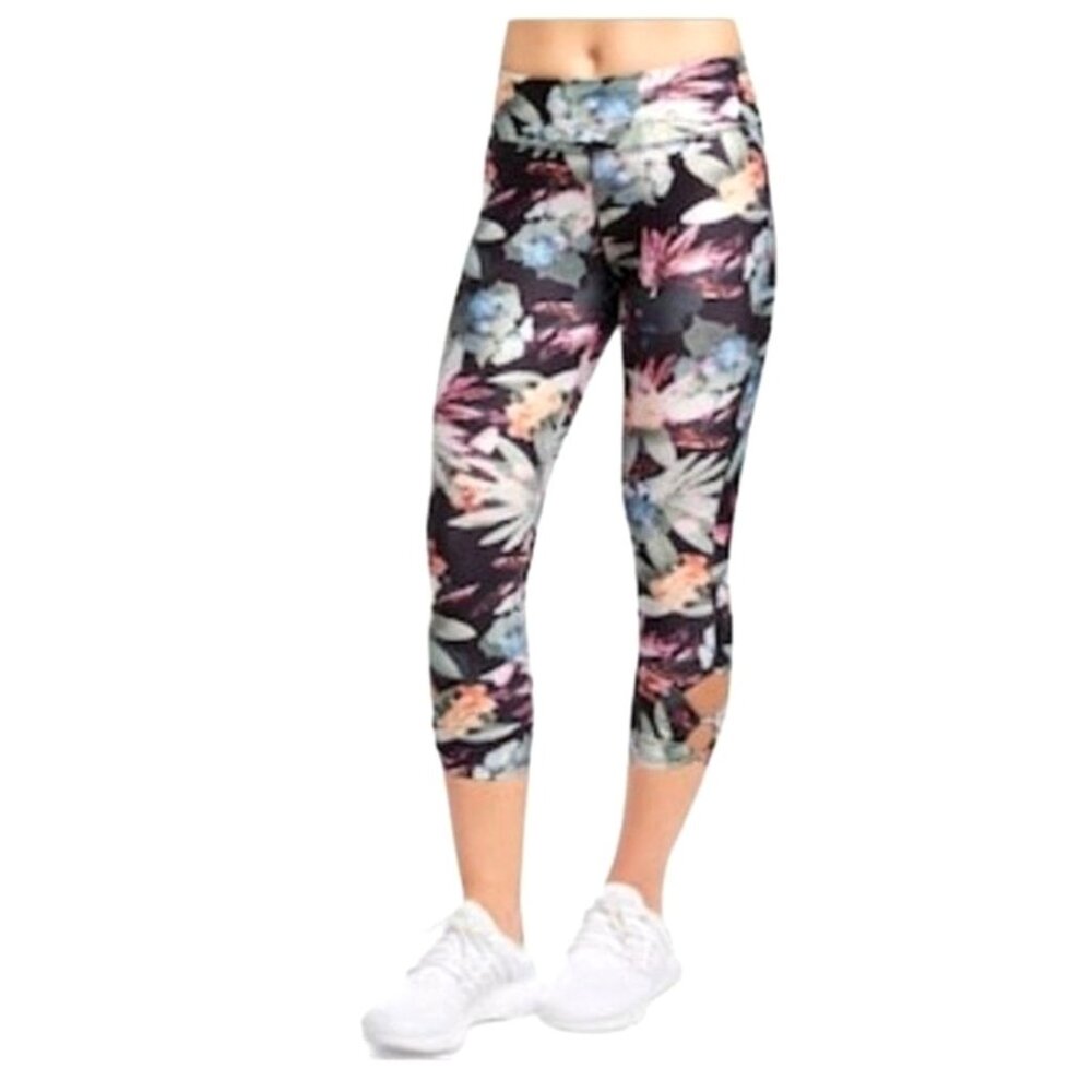 Jockey Womens XL Capri Leggings Black Floral High Rise Ankle Detail Athletic